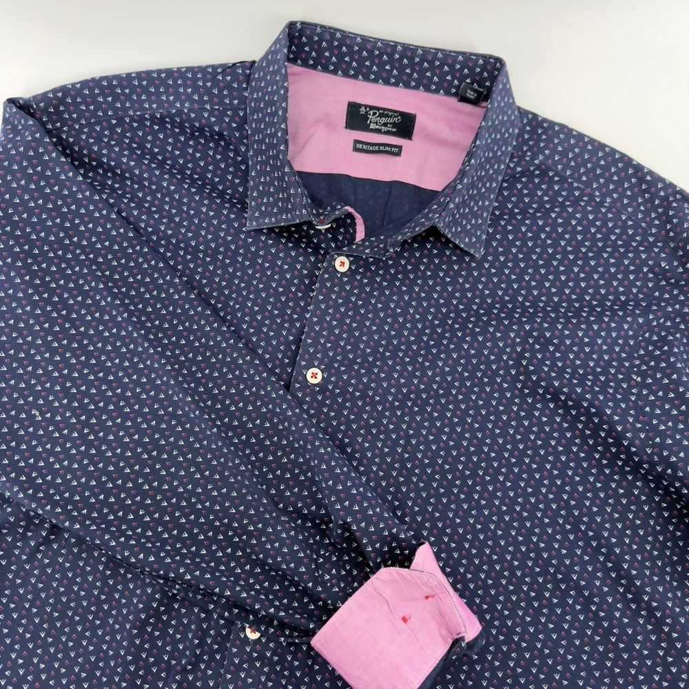 Original Penguin Mens Heritage Slim Fit Navy Geometric Button Down Shirt XL